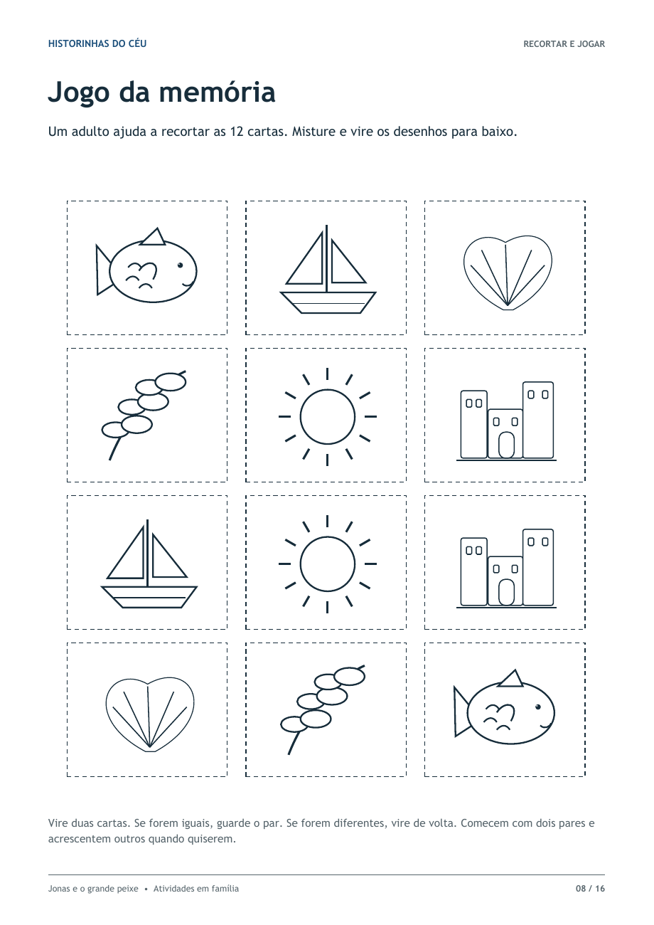 Doze cartas ilustradas, formando seis pares de símbolos da história.