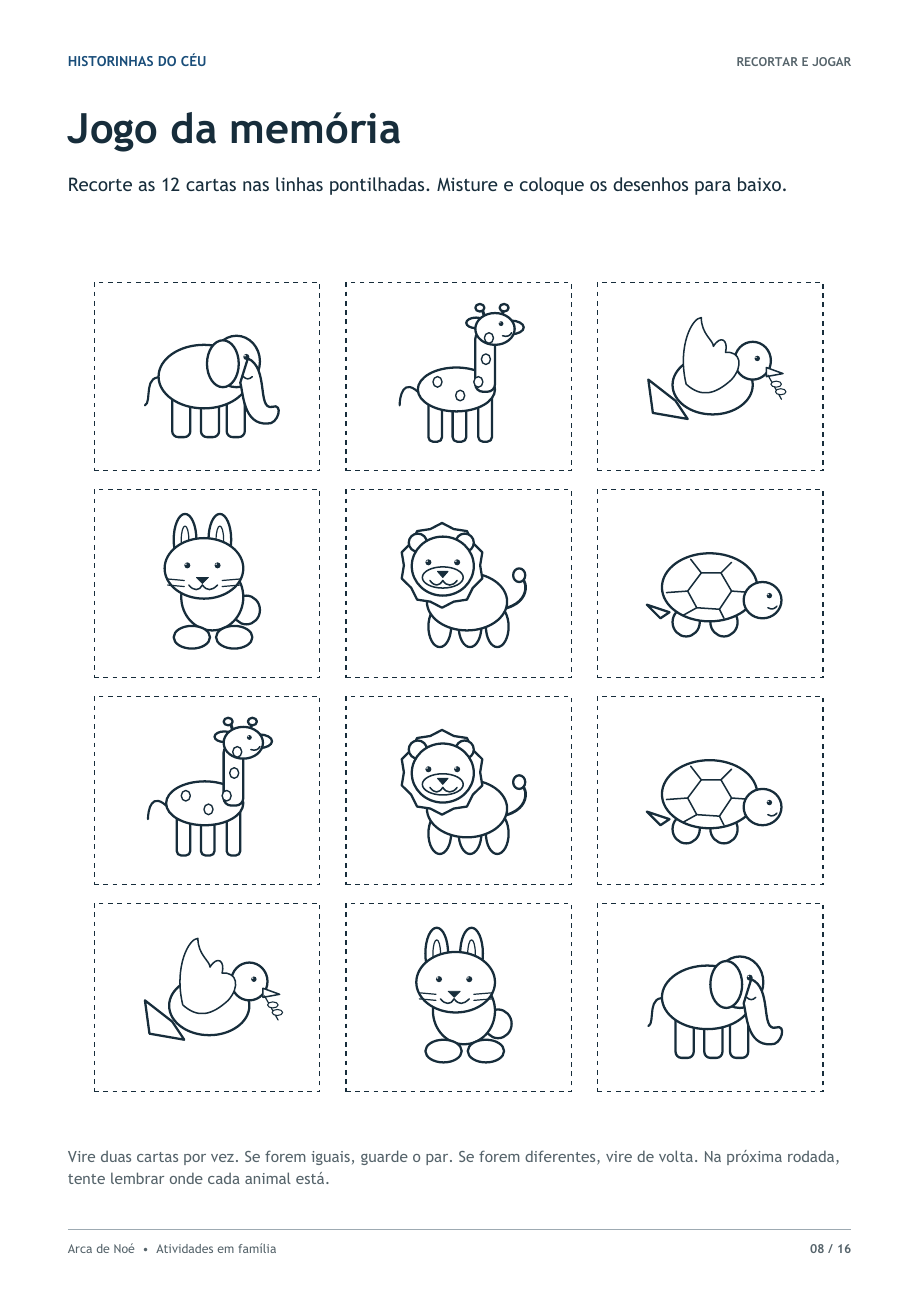 Doze cartas ilustradas do jogo da memória, formando seis pares de animais.