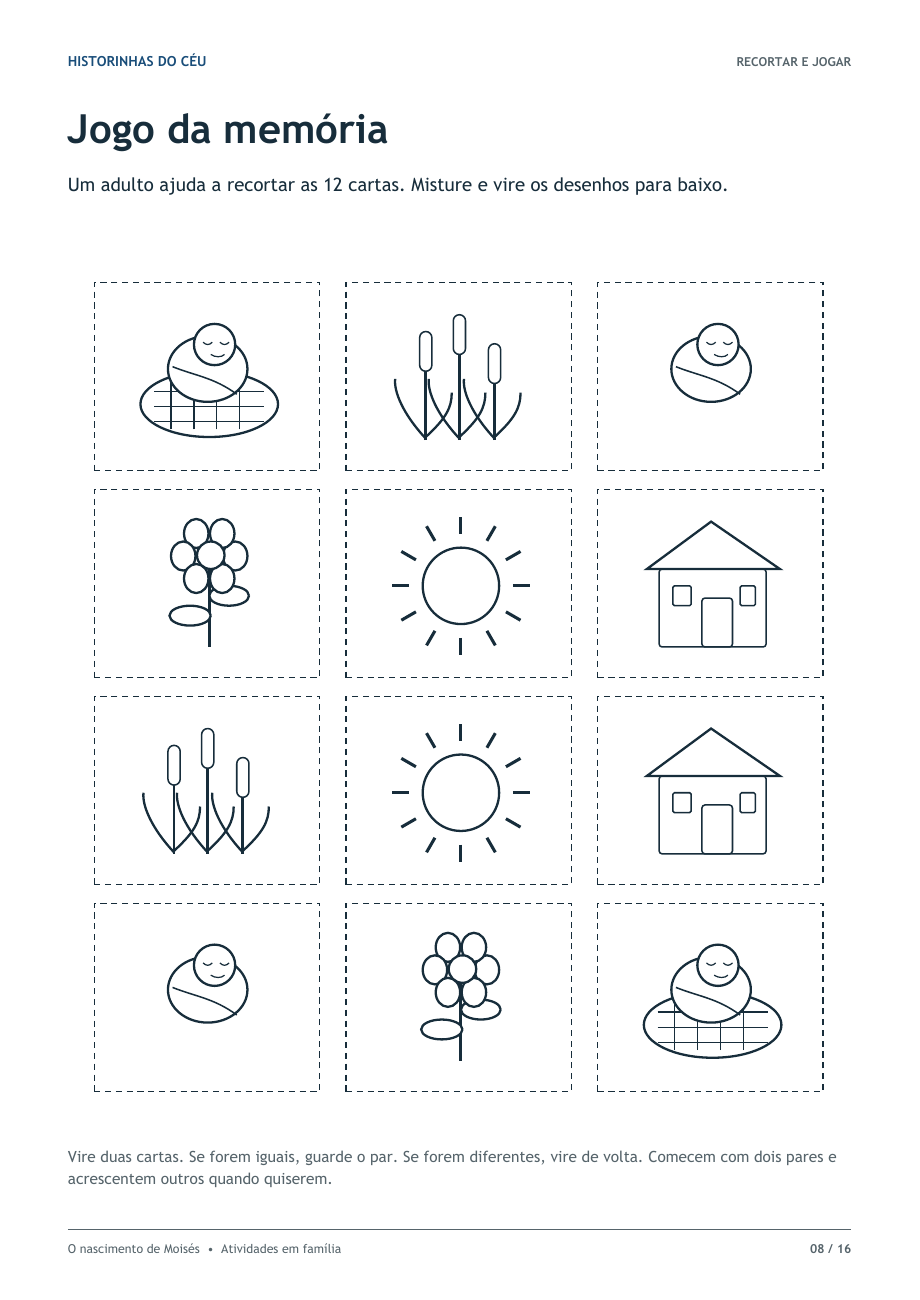 Doze cartas ilustradas, formando seis pares de símbolos da história.